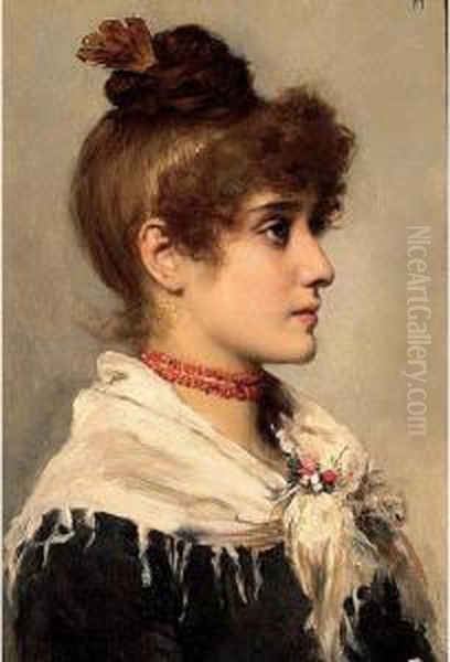 An Italian Beauty With A Red Necklace; A Young Beauty With A Blue Necklace Oil Painting by Cecil van Haanen