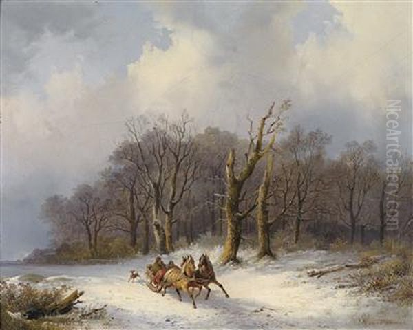 Landscape In Winter With Horse-drawn Sleigh In The Foreground Oil Painting by Remigius Adriannus van Haanen