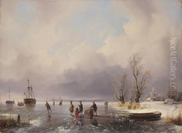 Iceskaters In A Dutch River Landscape Oil Painting by Remigius Adriannus van Haanen