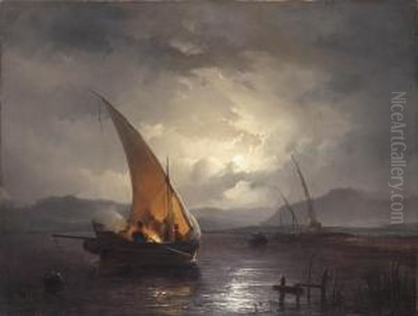 Moonlit Night At Sea Oil Painting by Remigius Adriannus van Haanen