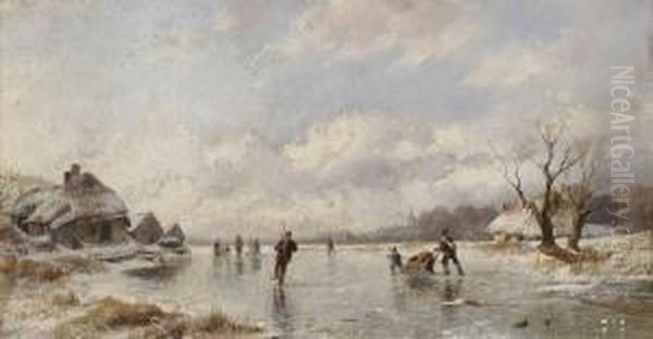 Eisvergnugen In Hollandischer Winterlandschaft. Oil Painting by Remigius Adriannus van Haanen