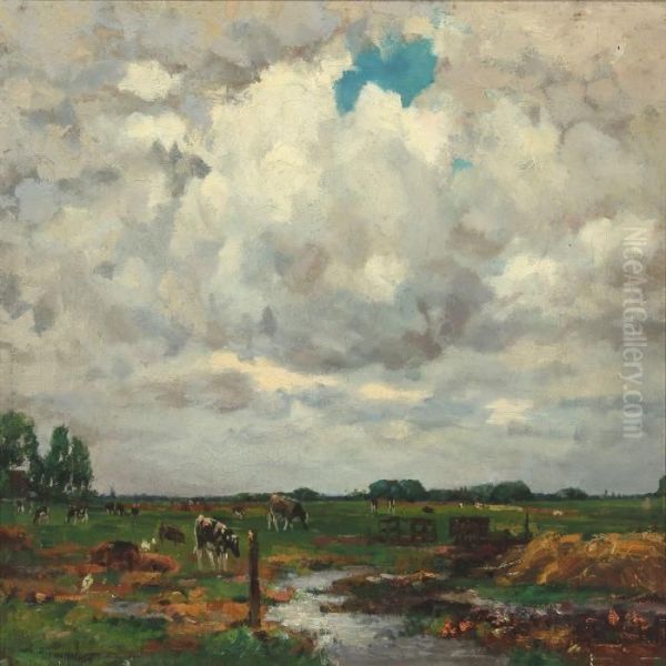 Cows In A Field Oil Painting by Dirk Johannes Van Haaren