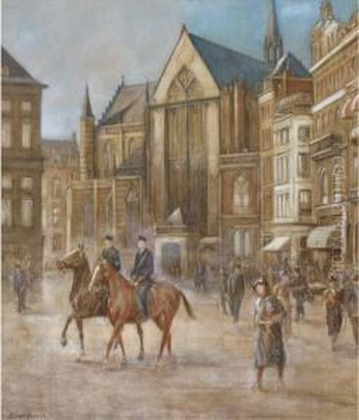 Police On Horseback On Dam Square, Amsterdam Oil Painting by Dirk Johannes Van Haaren