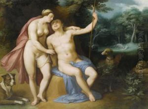 Venus And Adonis In A Woodedlandscape Oil Painting by Cornelis Cornelisz Van Haarlem