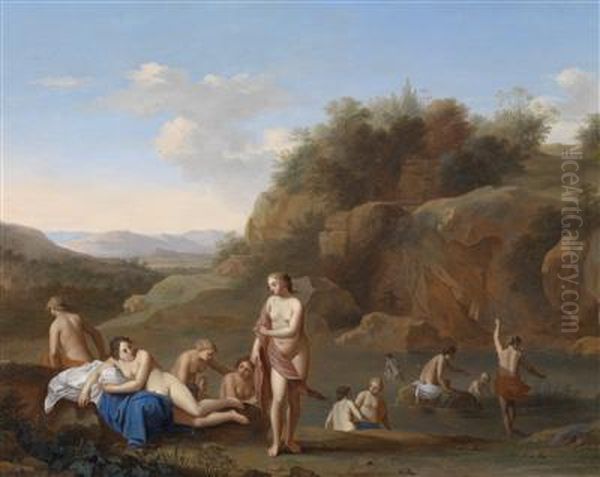 Bathing Nymphs By A River Oil Painting by Jan van Haensbergen