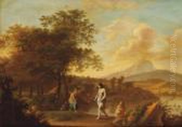 An Italianate Landscape With Nymphs Bathing Oil Painting by Jan van Haensbergen