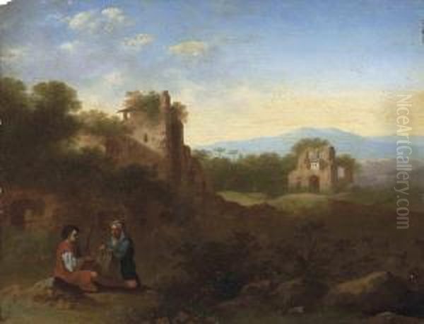 An Italianate Wooded River Landscape Oil Painting by Jan van Haensbergen