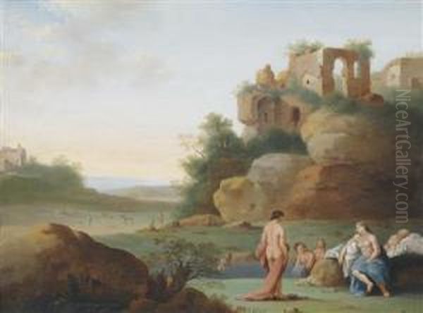 Southern Landscape With Nymphs Bathing Oil Painting by Jan van Haensbergen