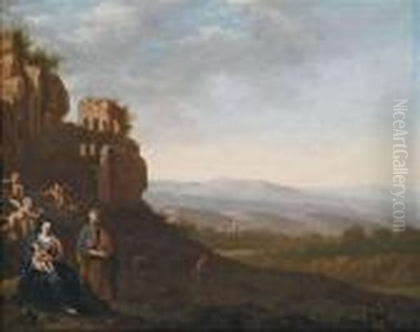 Italianate Landscape With The Flight Into Egypt. Oil Painting by Jan van Haensbergen