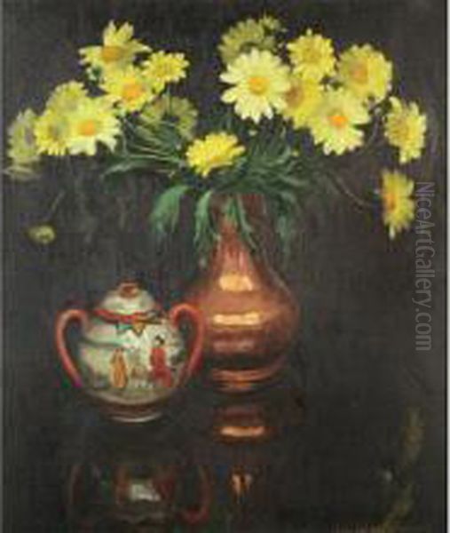 Still Life Of Flowers With Chinese Jug Oil Painting by Camil Van Haeyendonck