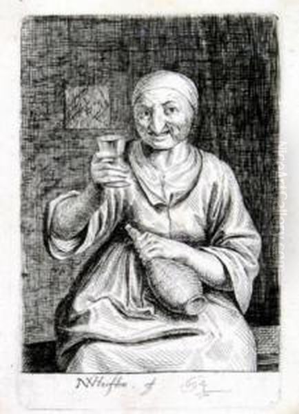 Sitzende Alte Frau Mit Glas Und Flasche Oil Painting by Nicolaes Van Haften