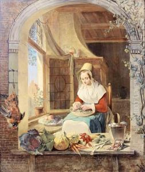 A Young Lady Shelling Peas In A Niche Oil Painting by Alexis van Hamme