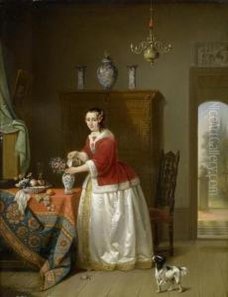 An Interior Scene With A Lady Watering Flowers Oil Painting by Alexis van Hamme