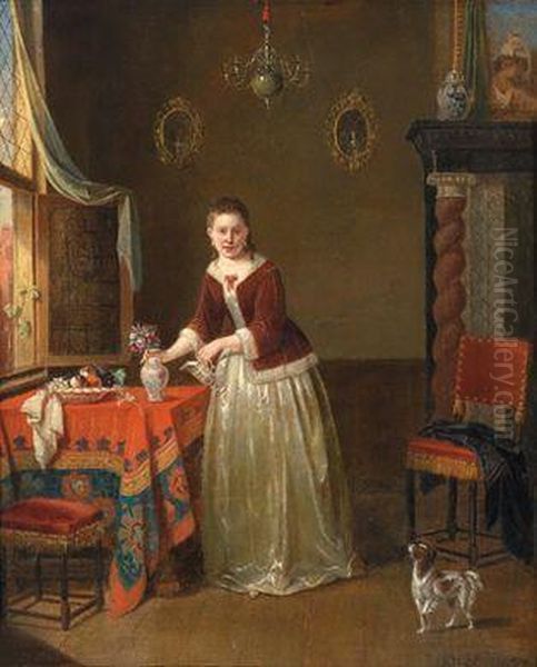 Dame Im Intersieur Beim Blumengiesen Oil Painting by Alexis van Hamme