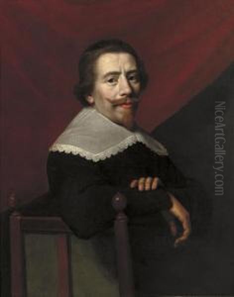 Self-portrait, Half-length, Seated In A Black Coat And Lace Collar, A Red Curtain Beyond Oil Painting by Jacob Van Hasselt