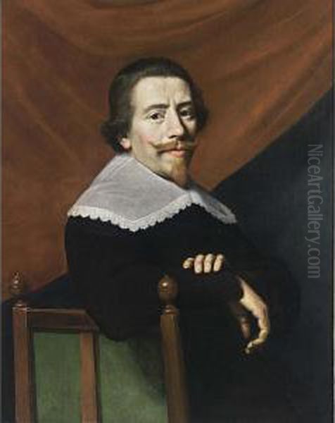 A Presumed Self-portrait, Seated Half-length, Wearing A Black Costume With White Lace Collar, On A Chair, A Red Curtain Behind Oil Painting by Jacob Van Hasselt