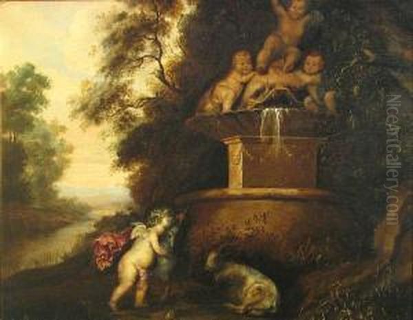 A Putto Playing With A Goat Before Afountain Oil Painting by Petrus Van Hattich