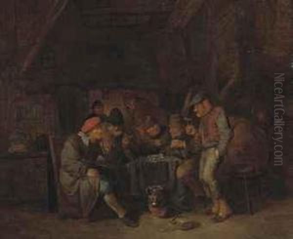 Peasants Smoking And Drinking In An Interior Oil Painting by Maarten Van Heemskerck