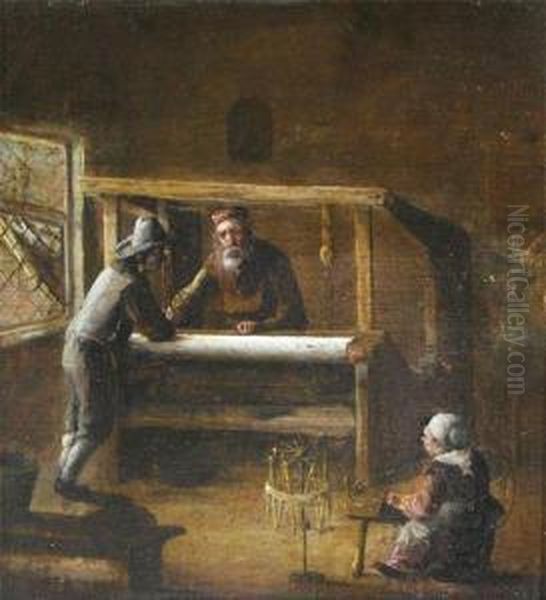 Figures At A Loom In An Interior Oil Painting by Maarten Van Heemskerck