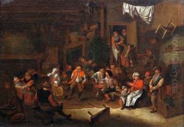 Wirtshausinterieur Mit Tanzenden Bauern. Oil Painting by Maarten Van Heemskerck