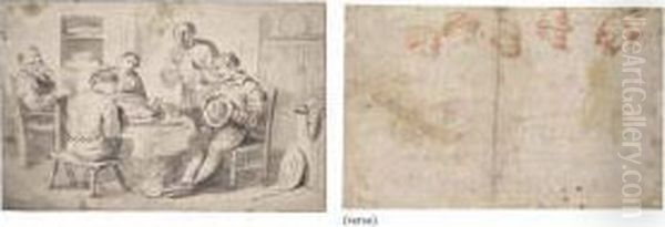 A Company Around A Table (recto); Sketches Of Five Heads Oil Painting by Egbert Jaspersz. van, the Elder Heemskerck