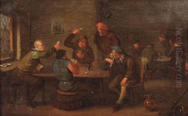 A Tavern Interior With Peasants Playing Cards Oil Painting by Egbert Ii Van Heemskerck