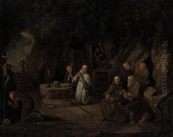 Hermit Monks In A Grotto Oil Painting by Egbert Ii Van Heemskerck