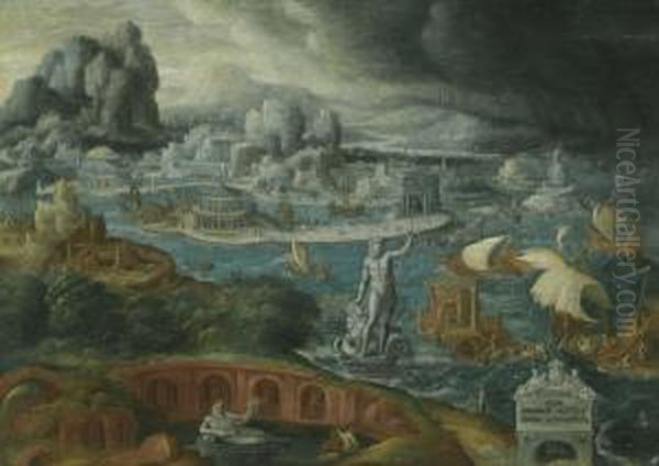 Classical Landscape With Ships Running Before A Storm Towards A Classical Harbour, Probably Corinth Oil Painting by Maerten van Heemskerck