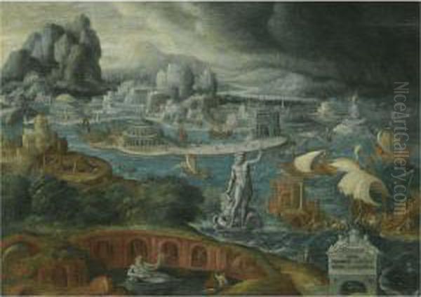 Classical Landscape With Ships Running Before A Storm Towards Aclassical Harbour, Probably Corinth Oil Painting by Maerten van Heemskerck