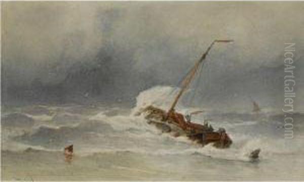 A Barge In Stormy Weather Oil Painting by Jacob Eduard Van Heemskerck Van Beest