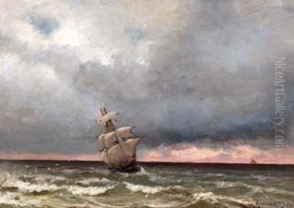 Tweemaster Op Zee Na Zonsondergang Oil Painting by Jacob Eduard Van Heemskerck Van Beest