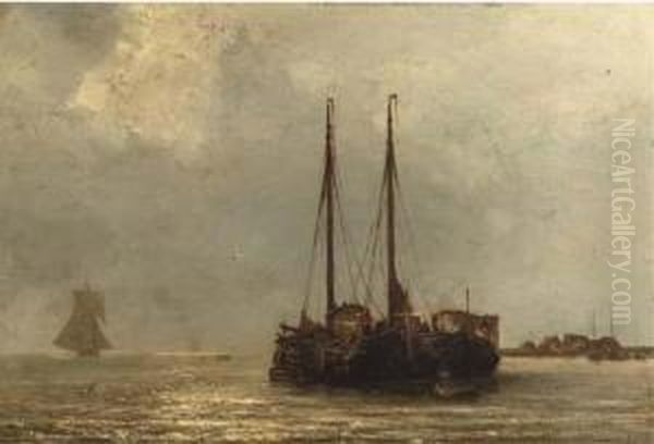 Sailing Vessels On A Calm Oil Painting by Jacob Eduard Van Heemskerck Van Beest