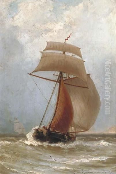 A Kofschip In Full Sail Oil Painting by Jacob Eduard Van Heemskerck Van Beest