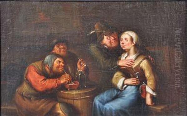 Fumeurs Et Couple De Galants Dans Une Taverne Oil Painting by Egbert Van Heemskerk Le Vieux