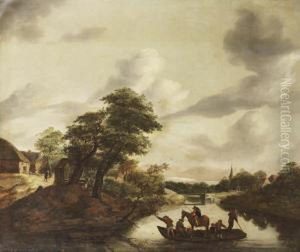 A River Landscape With Figures And A Horse On A Ferry Oil Painting by Gerrit van Hees