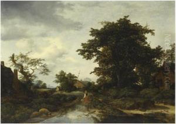 Wooded Landscape With A Woman By A River Oil Painting by Gerrit van Hees