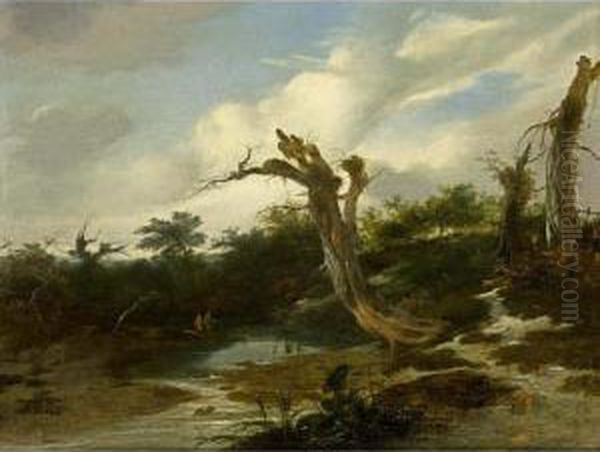 A Wooded Landscape With Anglers Near A Stream And Tree Trunks In The Foreground Oil Painting by Gerrit van Hees