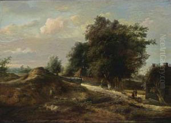 A Dune Landscape With A Shepherd And His Sheep On A Path And Travellers With A Dog Resting Near A Farm Oil Painting by Gerrit van Hees