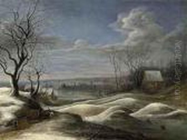 A Winter Landscape With Travellers On A Path And Figures Skating On A Frozen Lake Beyond Oil Painting by Daniel van Heil