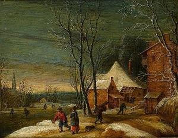 A Winter Landscape With Peasants Carrying Firewood Before A Village, With Figures Skating On A Frozen River Beyond Oil Painting by Theodore van Heil