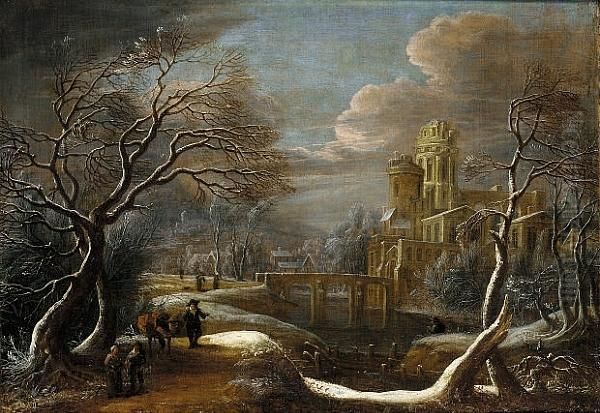 A Winter Landscape With Travellers In The Foreground, A Castle Beside A River Beyond Oil Painting by Theodore van Heil