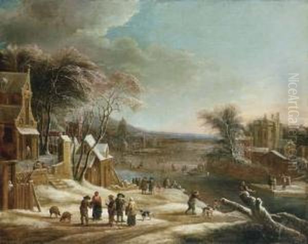 A Winter Landscape With Villagers Conversing On A Path Oil Painting by Theodore van Heil