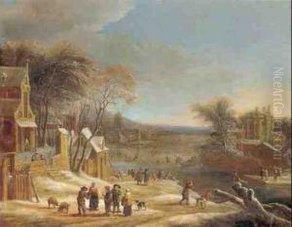 Village Scene Along A River Oil Painting by Theodore van Heil