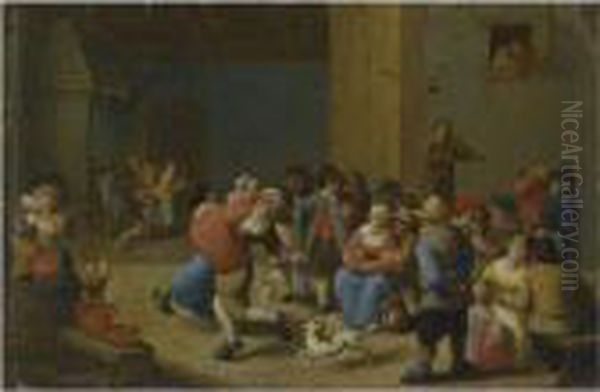 A Tavern Interior With Drinking And Dancing Peasants Oil Painting by Matheus van Helmont