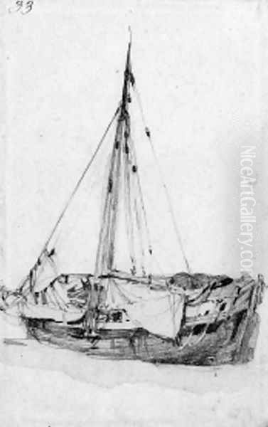 A beached fishing boat Oil Painting by Richard Parkes Bonington