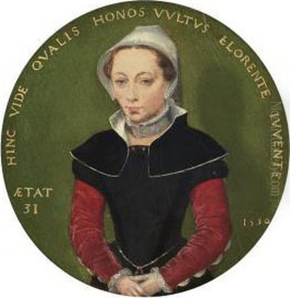 Portrait Of A Lady, Half-length, In A Black Dress With Red Sleeves, And A White Bonnet Oil Painting by Katherine Van Hemessen