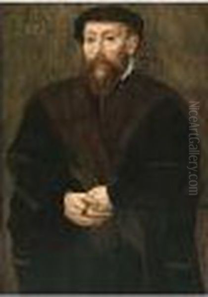 A Portrait Of A Bearded Man, Aged 46, Standing Three-quarter Length, Wearing A Fur-trimmed Black Coat And Holding Gloves Oil Painting by Katherine Van Hemessen