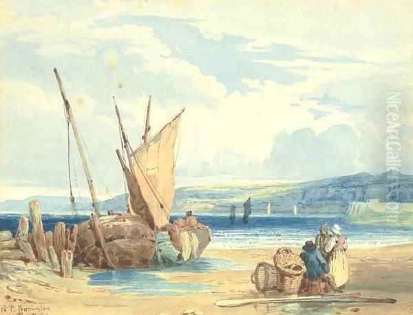 A coastal landscape at low tide with fisherfolk and beached vessels Oil Painting by Richard Parkes Bonington