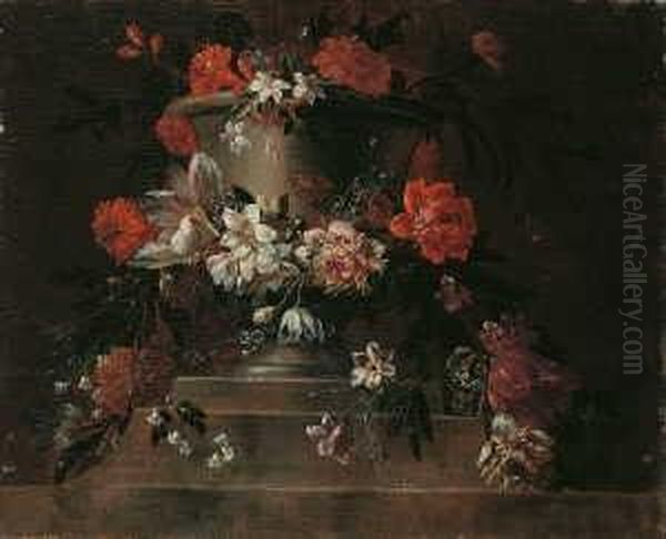 Blumenstilleben. Um Eine Steinurne Eine Blumenguirlande. Oil Painting by Jacobus Melchior van Herck