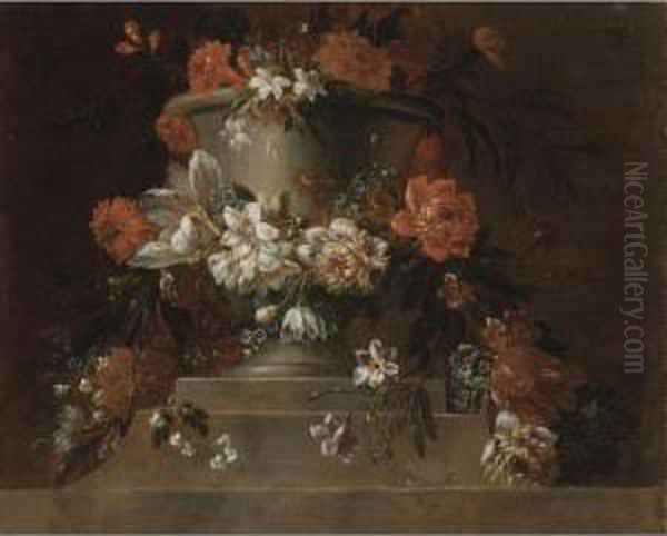 A Garland Of Flowers Wrapped Around A Stone Urn Oil Painting by Jacobus Melchior van Herck